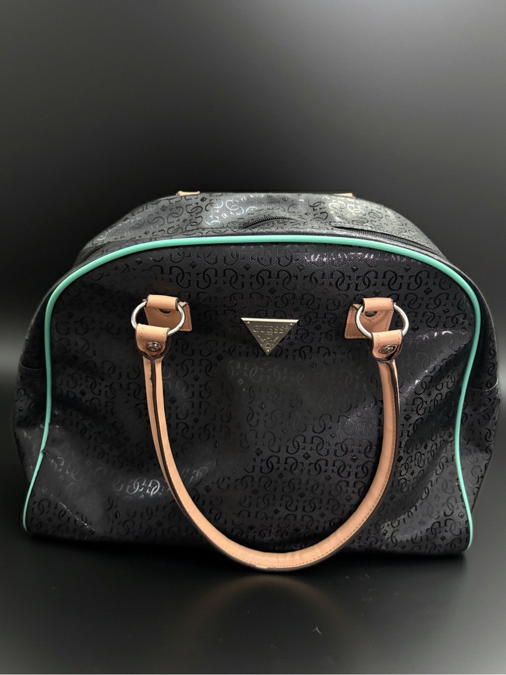Guess Black Satchel with Mint Trim and Tan Handles